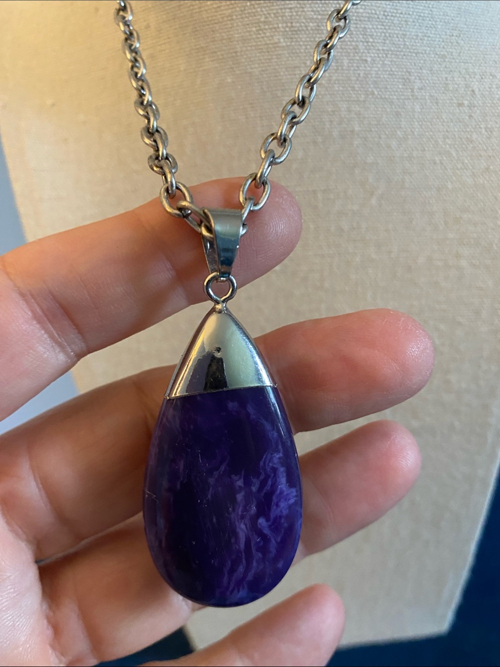 Long Purple Teardrop Pendant Necklace 34” Silver Tone
